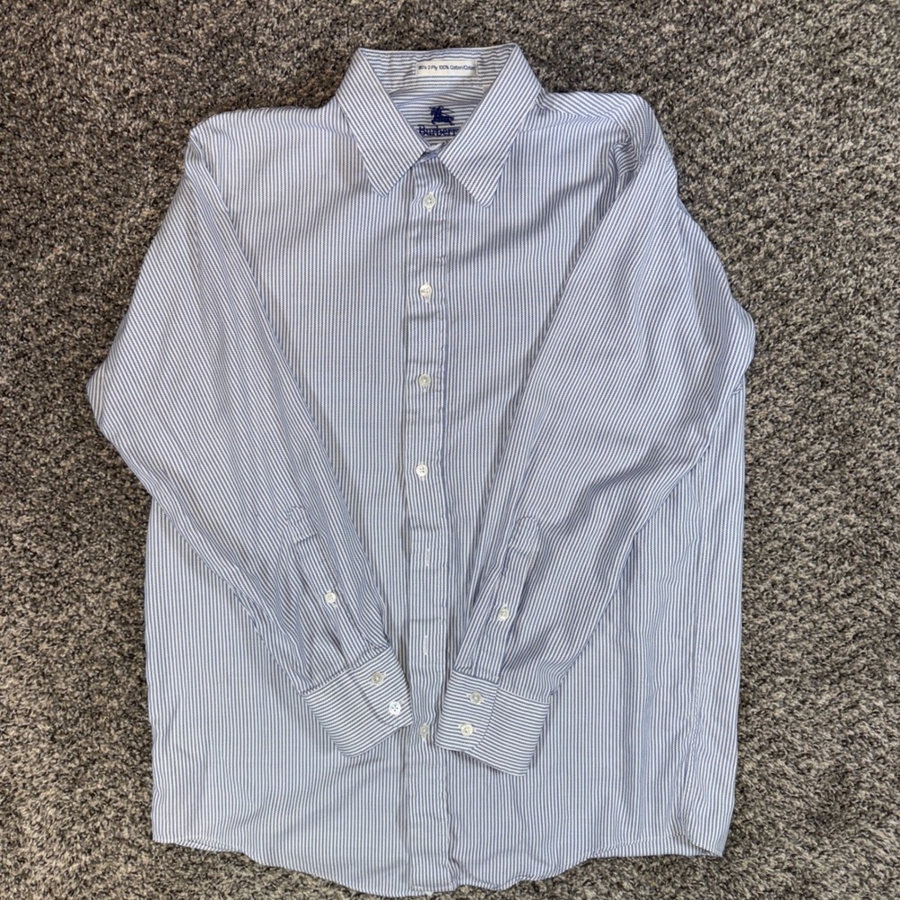 Burberrys Mens Vintage 16-33 Blue White Striped Button Down Shirt Made in USA